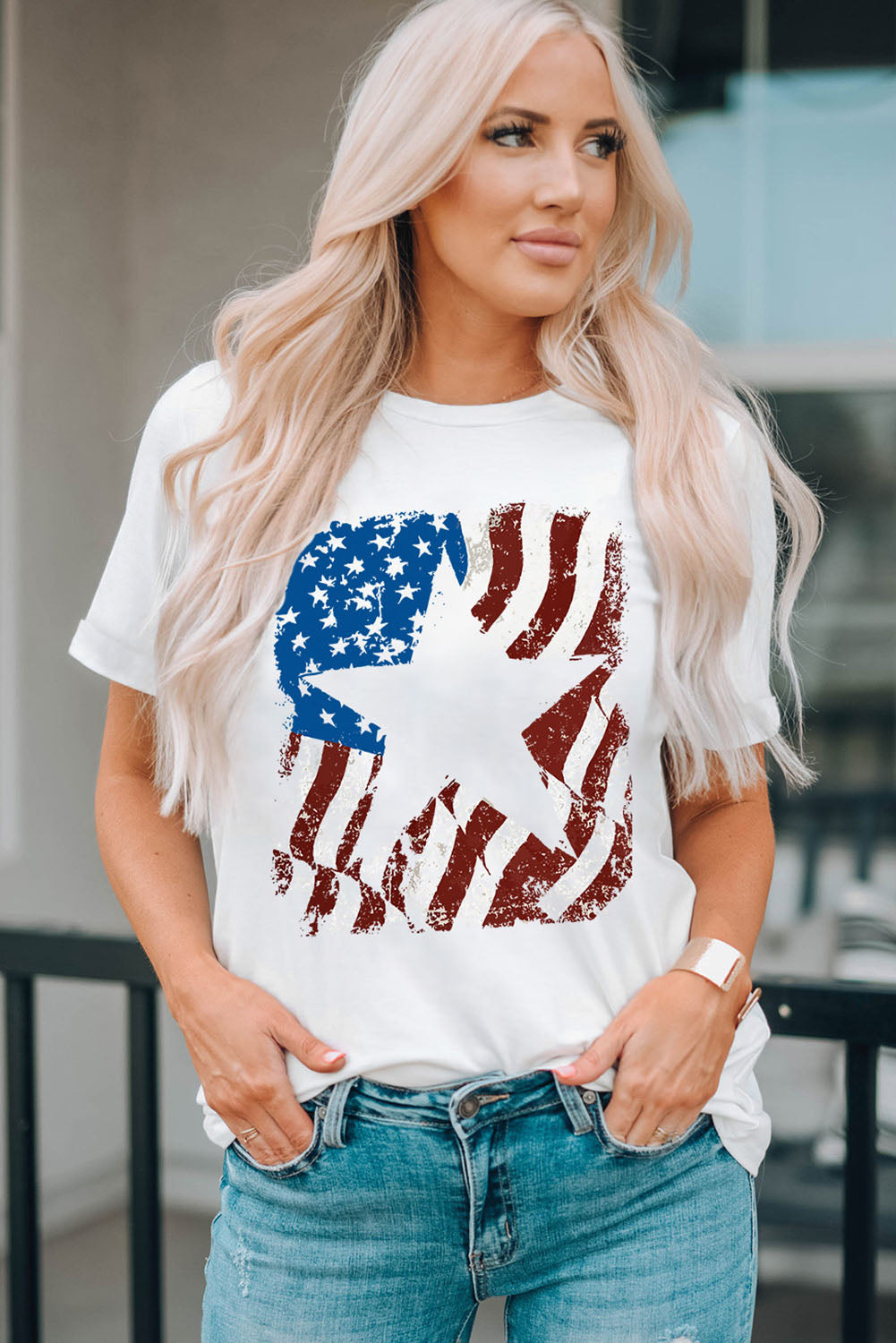 American Flag Star Graphic Print Crew Neck T Shirt