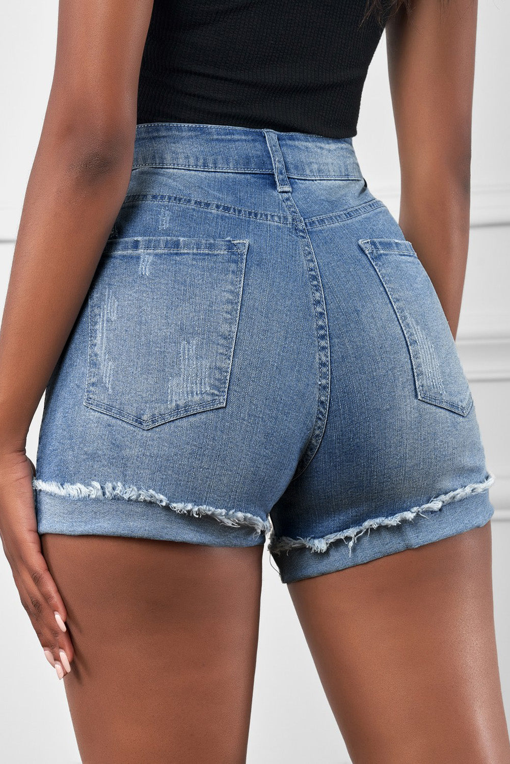 Distressed Ripped Rolled Hem Sky Blue Denim Shorts