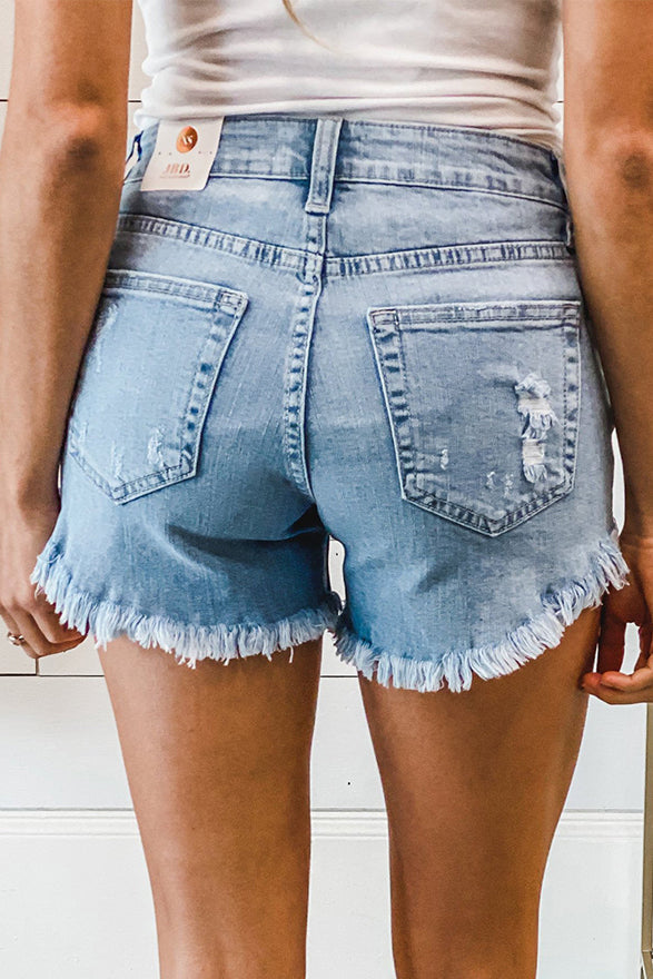 Dark Blue Frayed Hem Denim Shorts