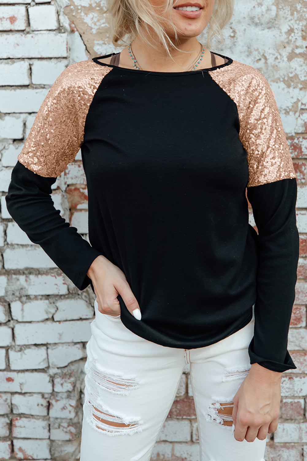 Sequin Shoulder Long Sleeve Top