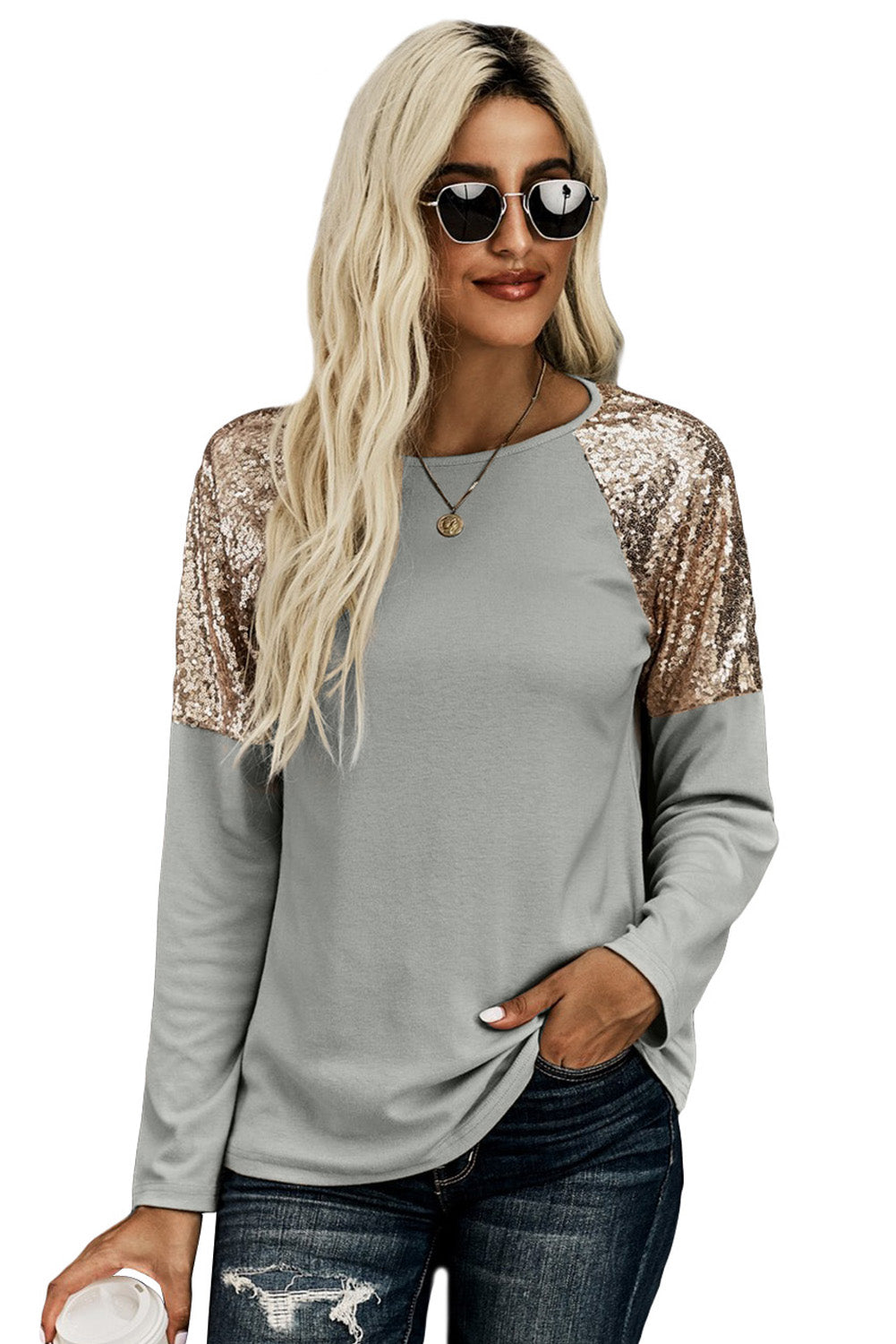 Sequin Shoulder Long Sleeve Top