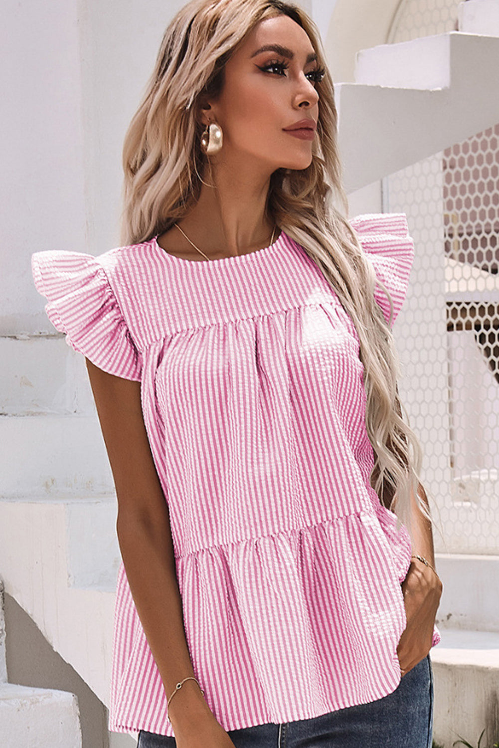 Striped Print Flutter Sleeve Gathered Top