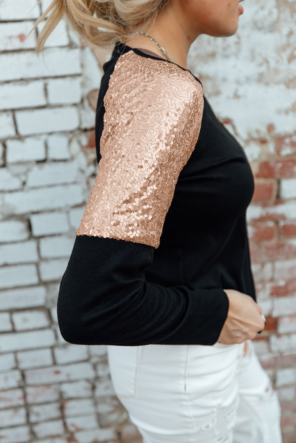 Sequin Shoulder Long Sleeve Top