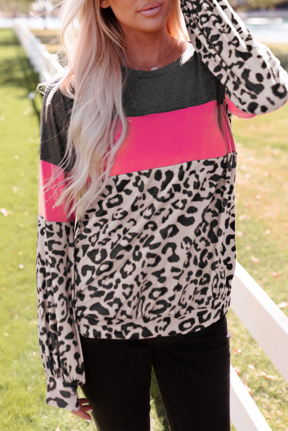 Color Block Leopard Patchwork Puff Sleeve Top