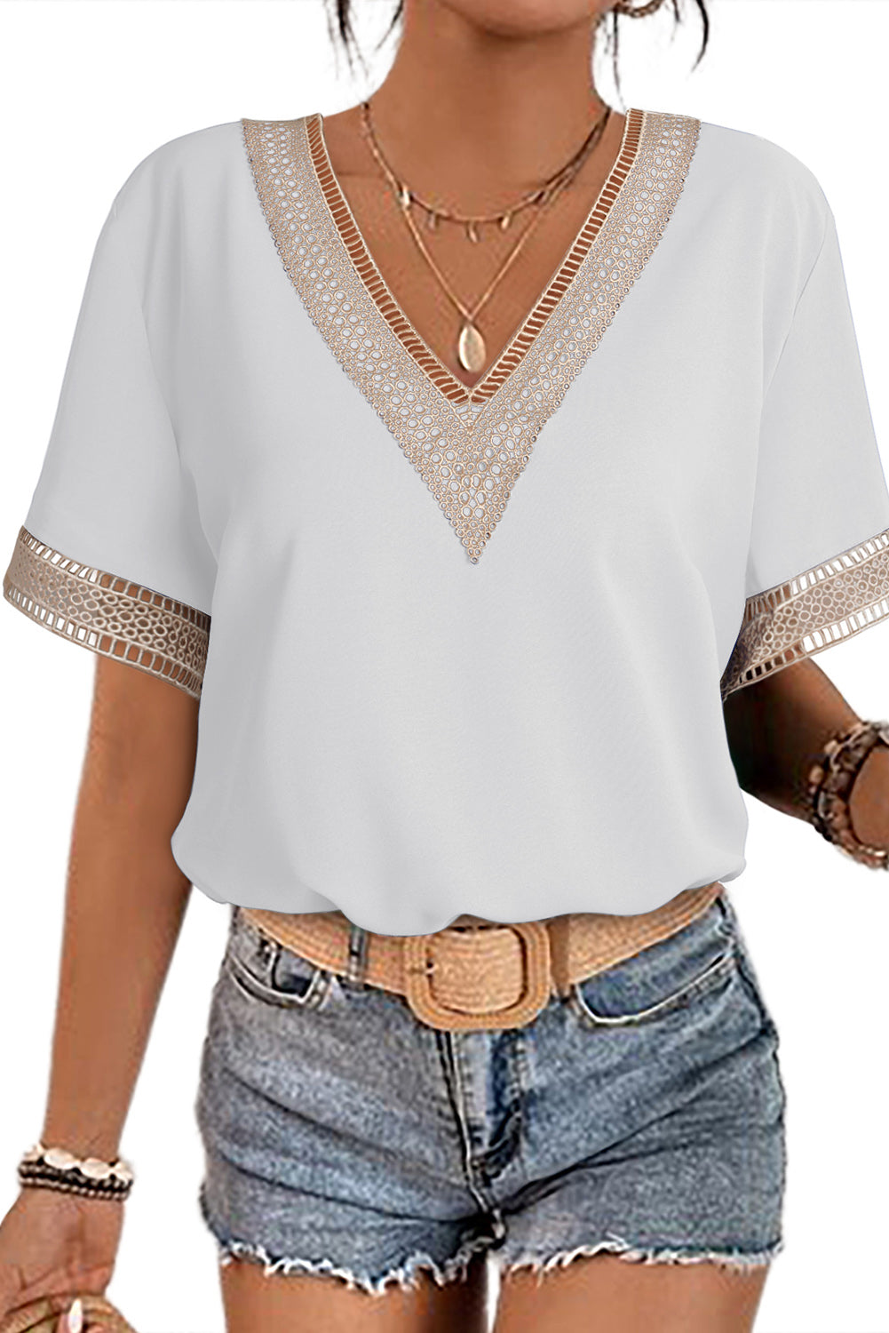 Lace Trim V Neck Short Sleeve Blouse