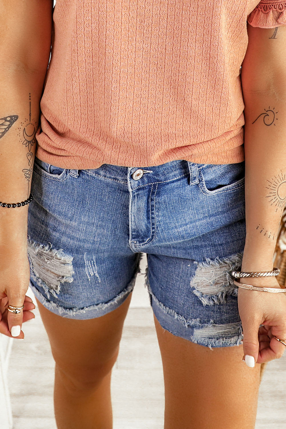 Distressed Ripped Rolled Hem Sky Blue Denim Shorts