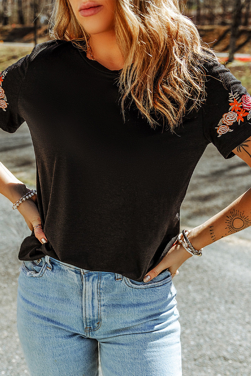 Floral Embroidered Round Neck Short Sleeve T Shirt
