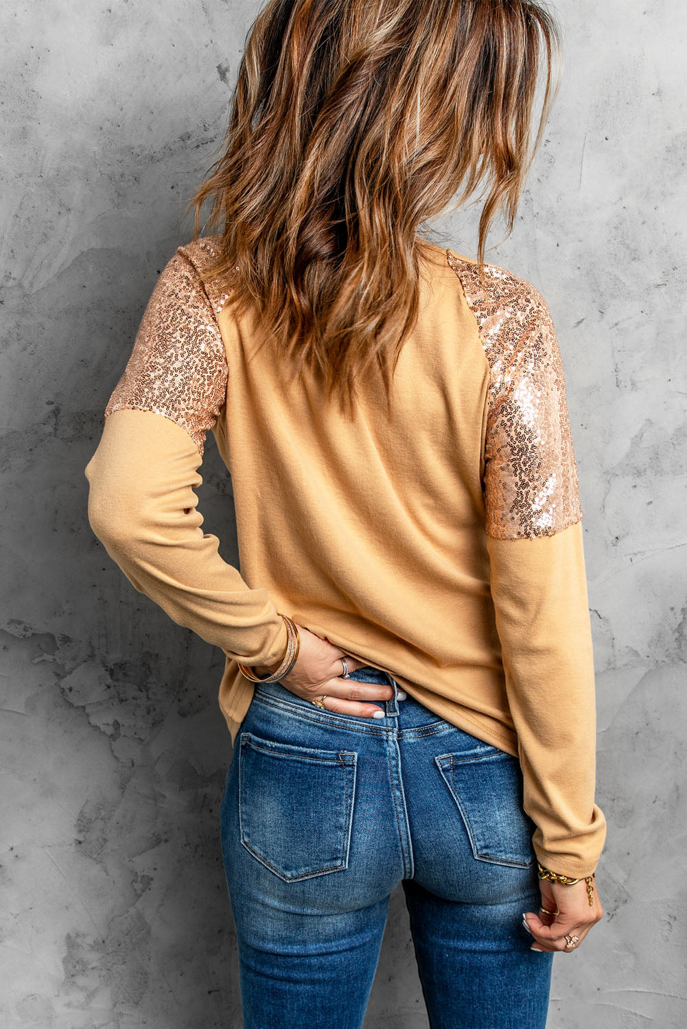 Sequin Shoulder Long Sleeve Top