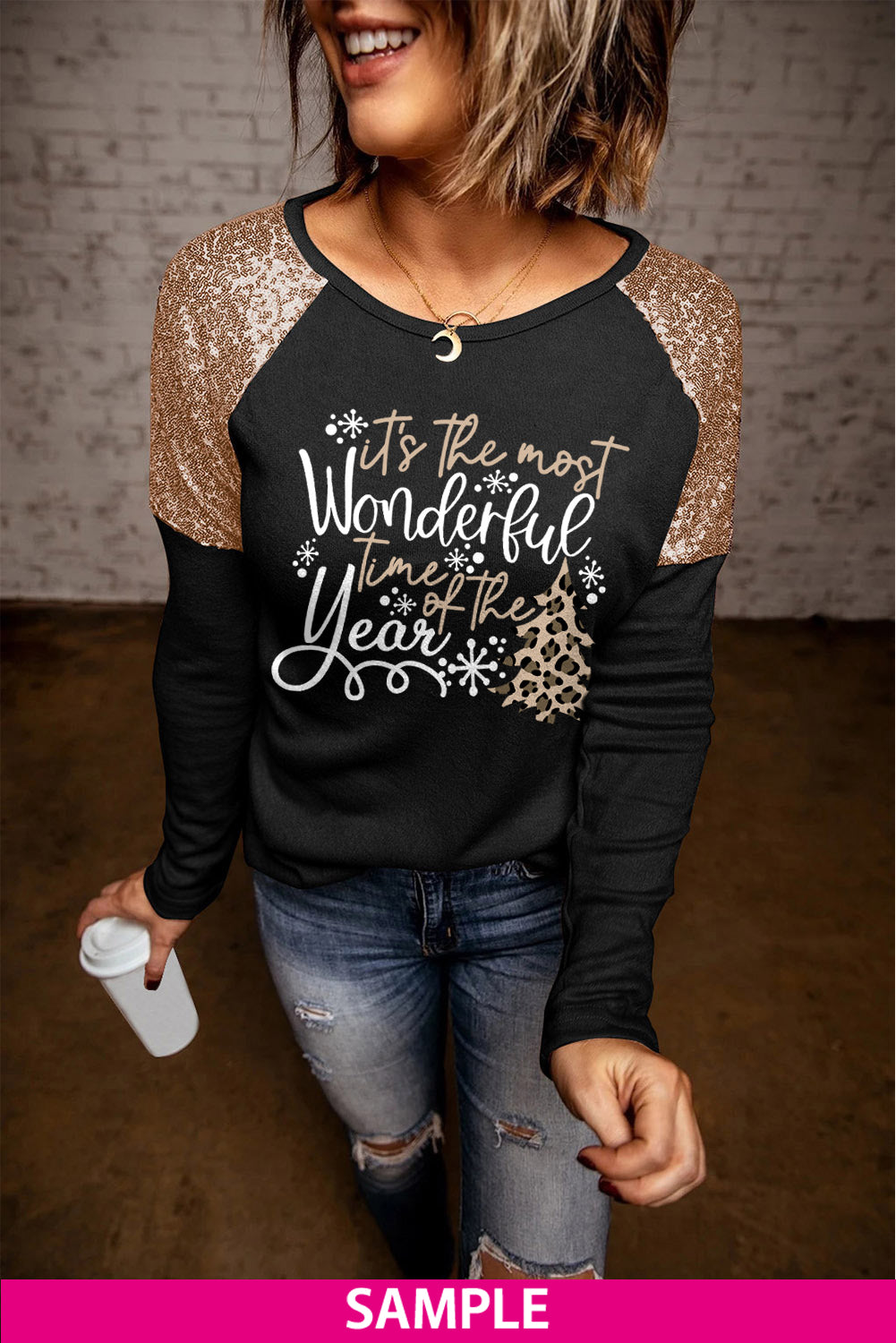 Sequin Shoulder Long Sleeve Top