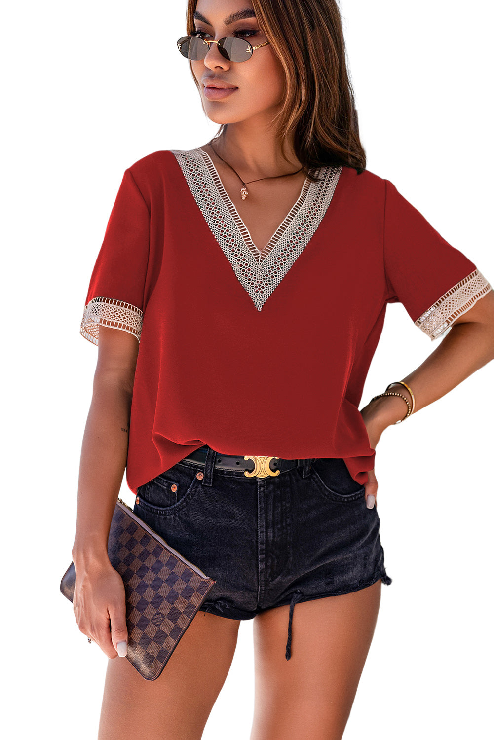 Lace Trim V Neck Short Sleeve Blouse