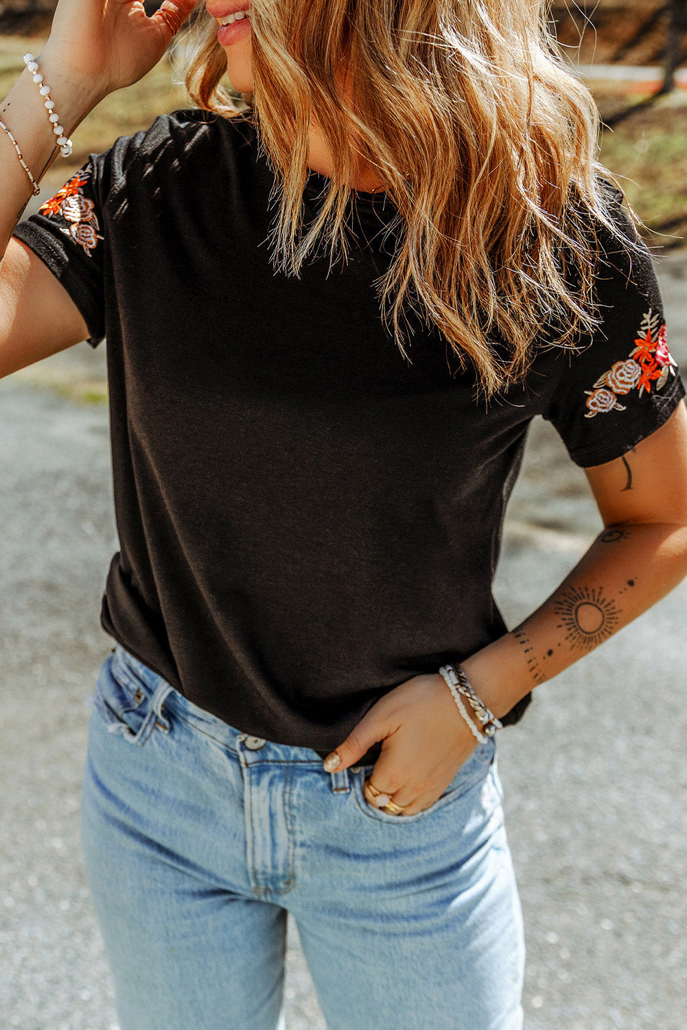 Floral Embroidered Round Neck Short Sleeve T Shirt