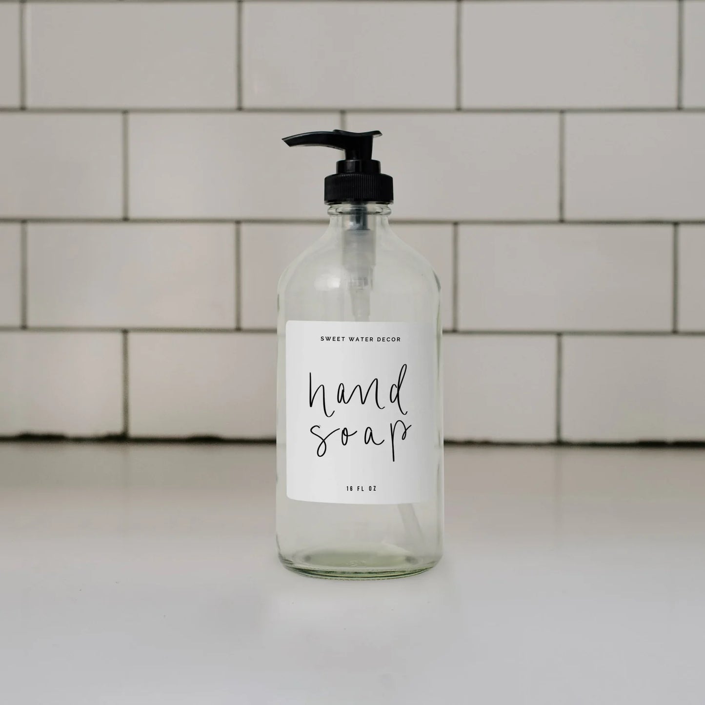 Clear Glass Hand Soap Dispenser - White Label- 16 oz