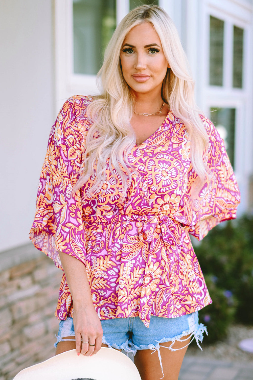 Boho Floral Print Belted Surplice Blouse