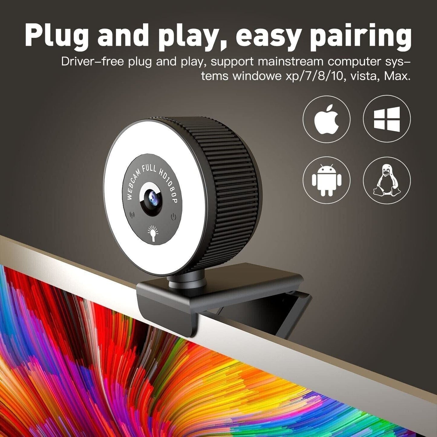 1080P Webcam HD Webcam with LED Video Light Drivers Free & Privacy Cover NEW
