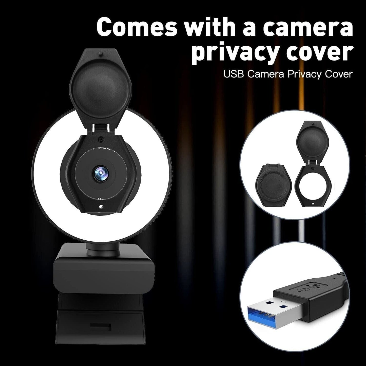 1080P Webcam HD Webcam with LED Video Light Drivers Free & Privacy Cover NEW